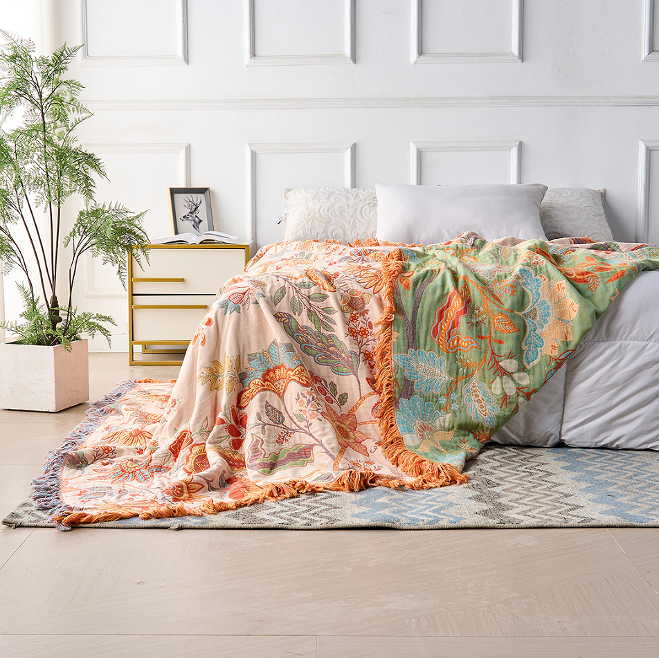 Couverture Bohème À Motifs Floraux Avec Franges